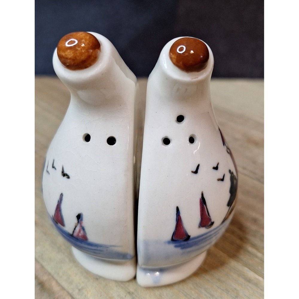 Vintage Nautical Lighthouse Sailboat Ceramic Salt and Pepper Shakers Set Corks